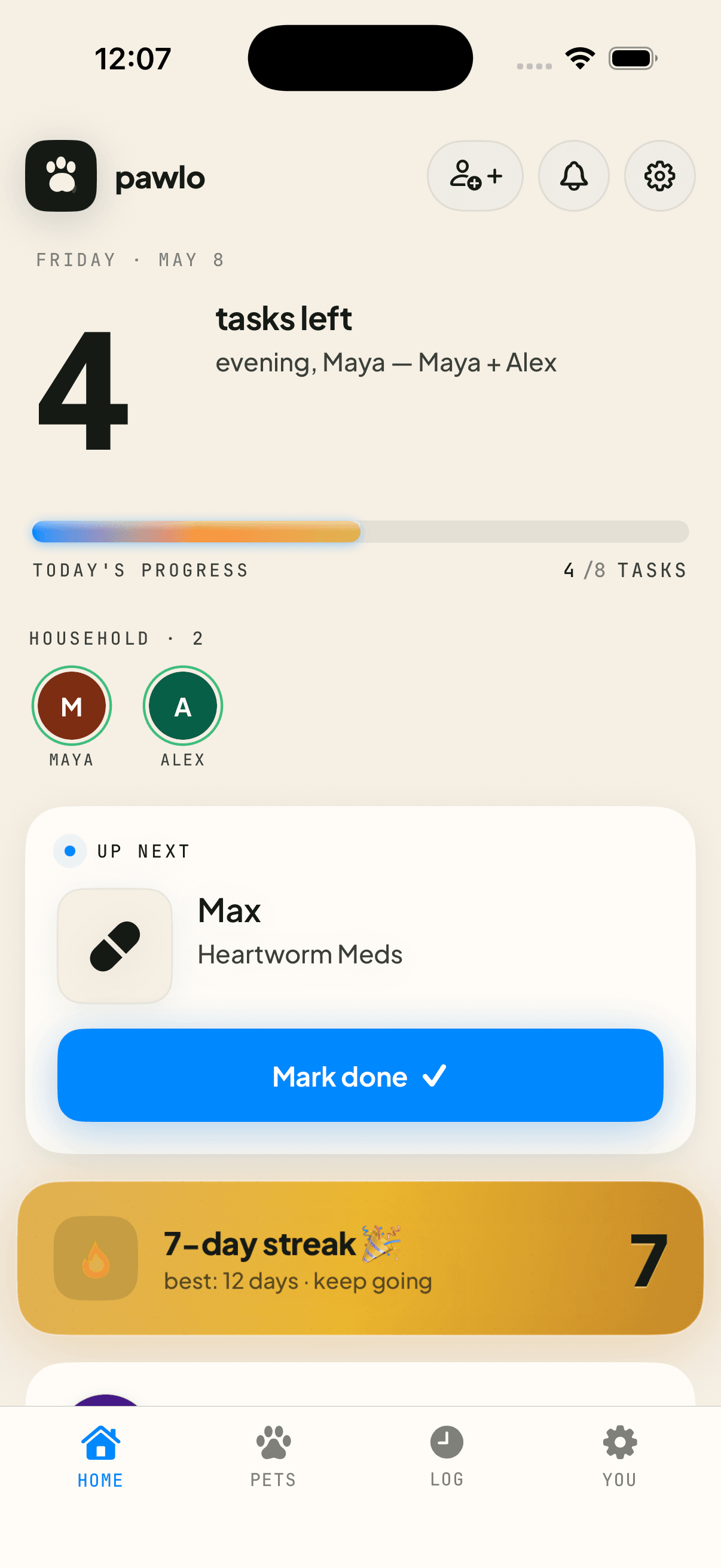 Pawlo home screen showing pet care tasks