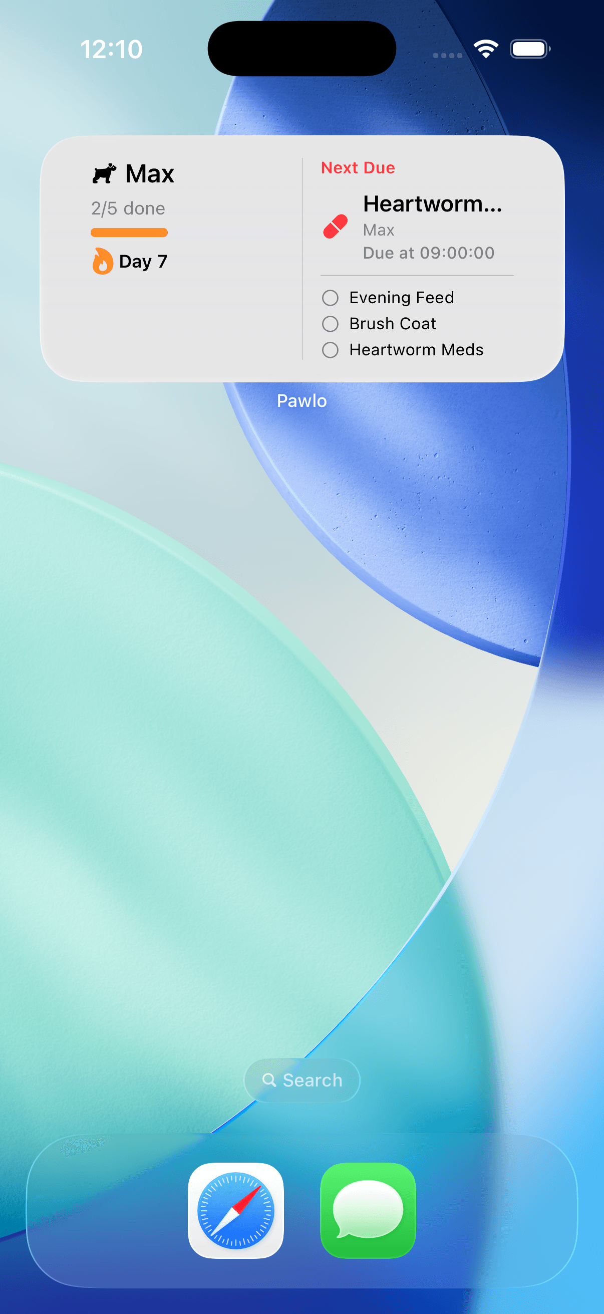 Pawlo widget showing the family's pet care progress at a glance